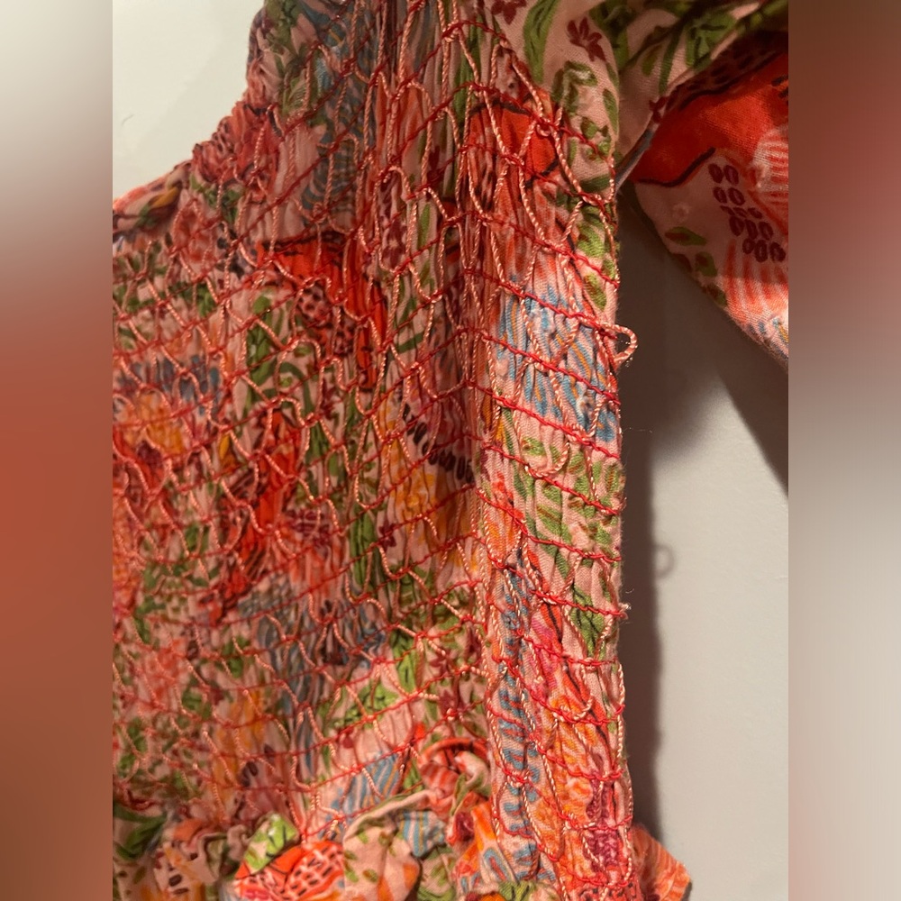 FARM RIO ANTHROPOLOGIE PINK MACAW FLIGHT SMOCKED MIDI DRESS - Picture 8 of 13